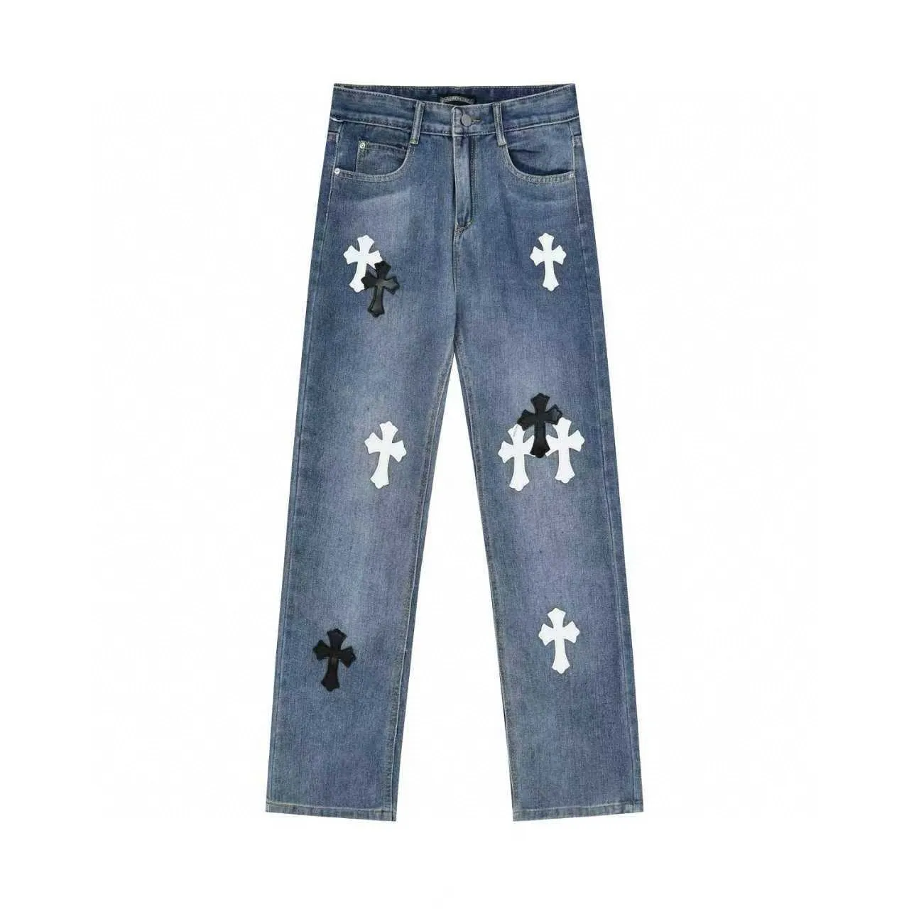 P270 Chrome Hearts/Chrome Hearts Classic Color Leather Cross Washed Color Fabric Unisex Denim Trousers Color: Picture Color Code Number: 28-36